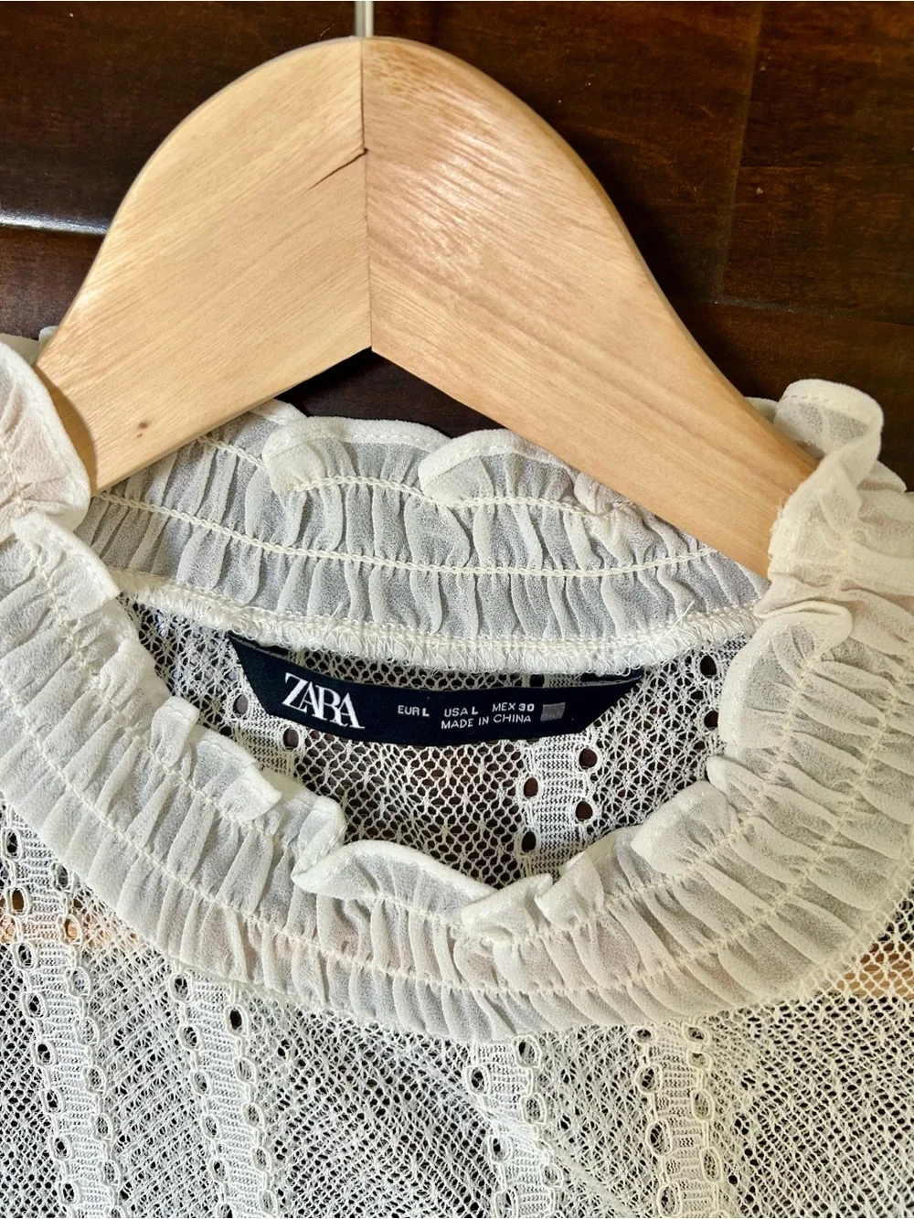 Zara Cream Sheer Lace Ruffle Neck Blouse